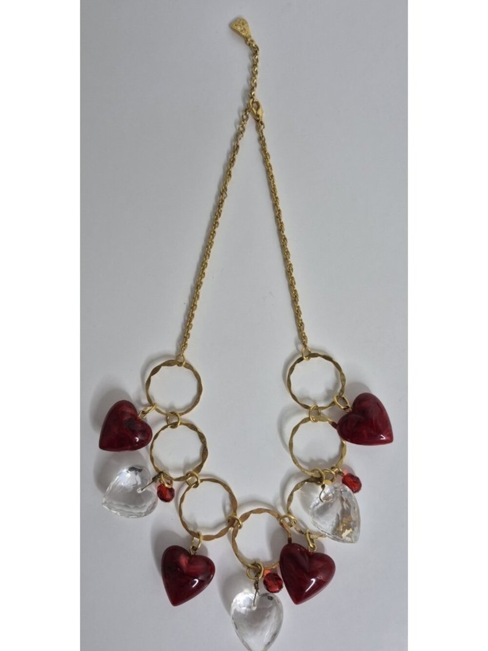 Goldtone Red And Clear Heart Shaped Necklace Signed YOCHI NY 19" Extended